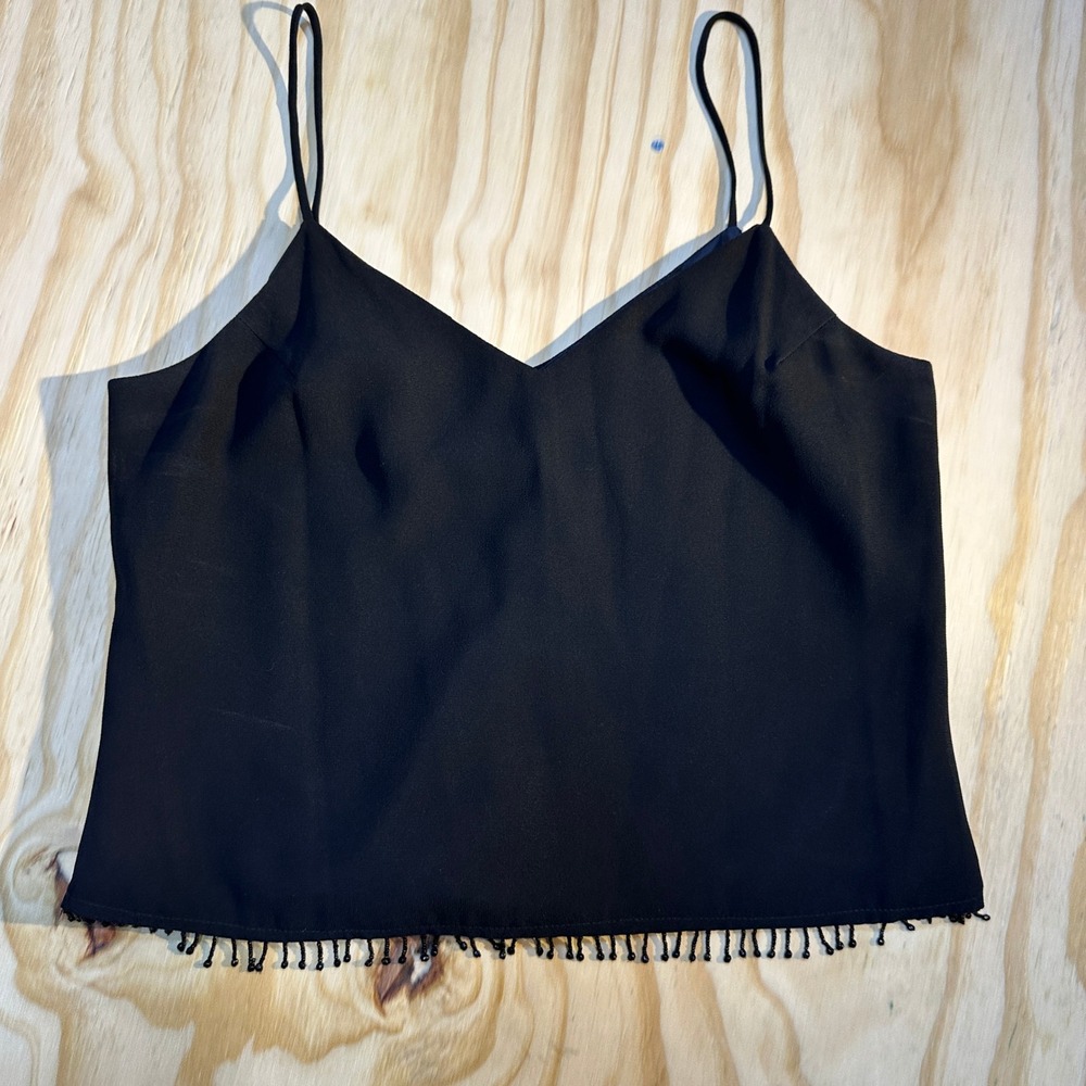 Another Thyme Black Beaded Fringe Hem V-Neck Cami Tank Top Large